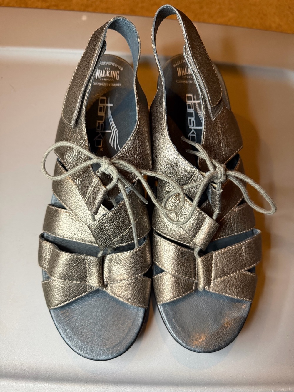 Dansko Metallic Pewter Leather Lace-Up Slingback Sandals